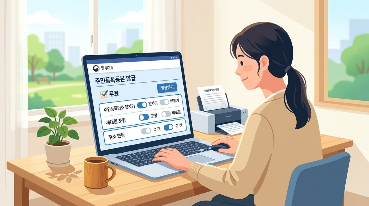 정부24에서 주민등록등본 무료로 발급받는 법 — 뒷자리 표기·세대원 포함 선택 기준